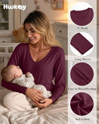 Huukeay 3 Pack Women's Long Sleeve Nursing Tops, Breastfeeding Hidden Zippers Shirts V Neck Maternity Pregnancy Tees Clothes