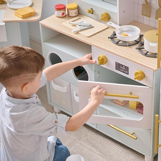 Teamson Kids Little Chef Savannah Wooden Montessori Pretend Play Kitchen for Toddlers Kids Ages 3+ Modular Three-Piece Set with Sink Cart Stove & Fridge for Boys and Girls Playset, Green