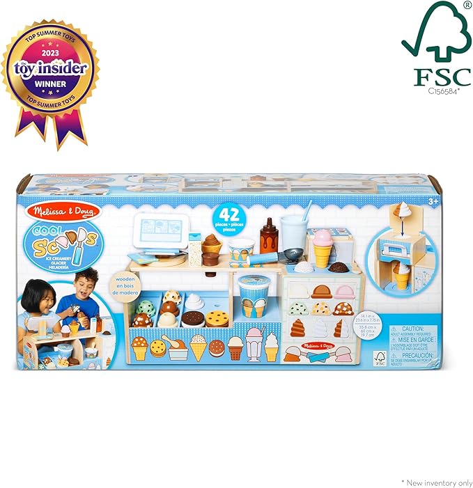 Melissa & Doug Wooden Cool Scoops Ice Creamery Play Food Toy Wooden Pretend Play Frozen Treats for Toddlers, Preschoolers, Boys and Girls - FSC-Certified
