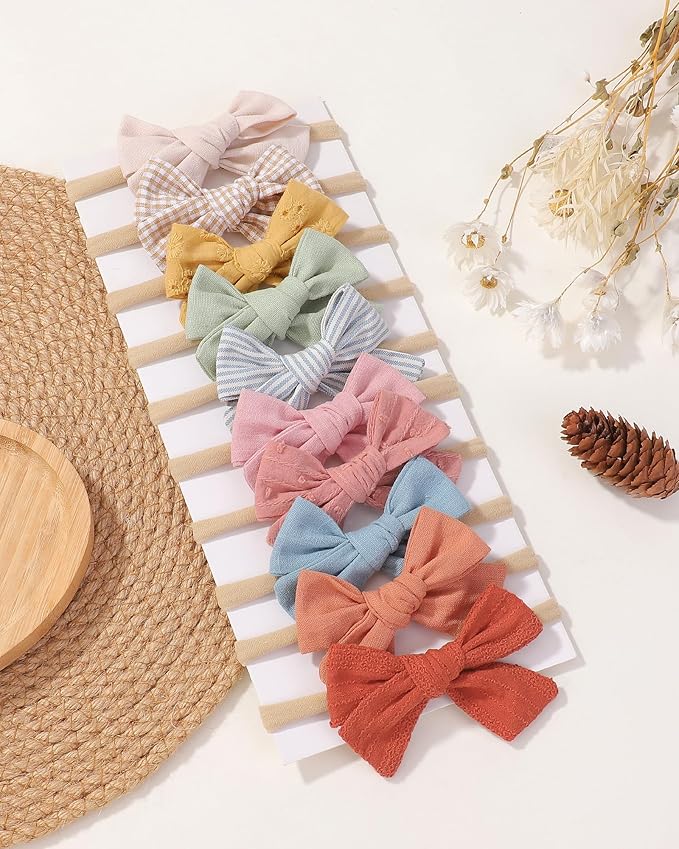 doboi 10PCS Baby Girls Headbands Hair Bows Nylon Cotton Linen Hairbands Handmade Hair Accessories for Newborn Infant Toddlers Little Girl and Kids 3.5Inches