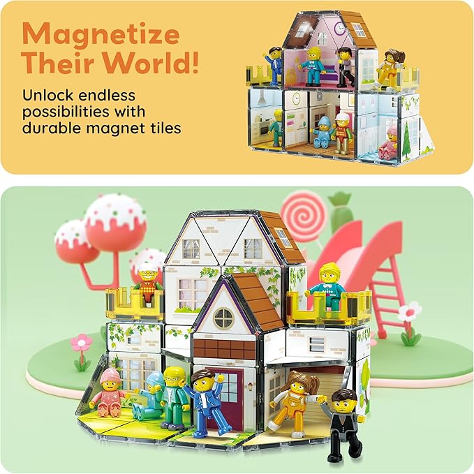 PicassoTiles Magnet Tile Building Block Family Homestead Doll House Theme Playset 8 Character Action Figures Double Sided Magnetic Tiles Printing STEM Education Learning Kit Toy Set Kids Ages 3+ PTQ06