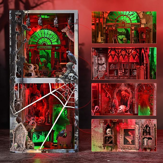 Haunted House Halloween Book Nook Kit, Spooky Shelf Insert Bookshelf Diorama Horror Art Miniature Decor, Creepy Scary Wooden Puzzle Booknook (Haunted Mansion)