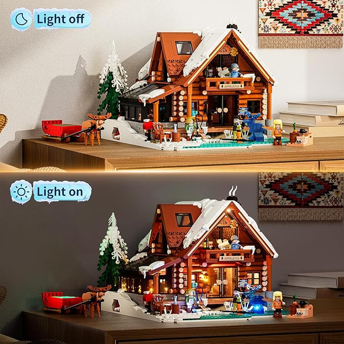 Aurora-Cabin Christmas Lighting-Building-Bricks Set - 2425 Pcs Retro House Winter Lodge LED Light Construction Building Christmas Village Model Set for Adults and Families