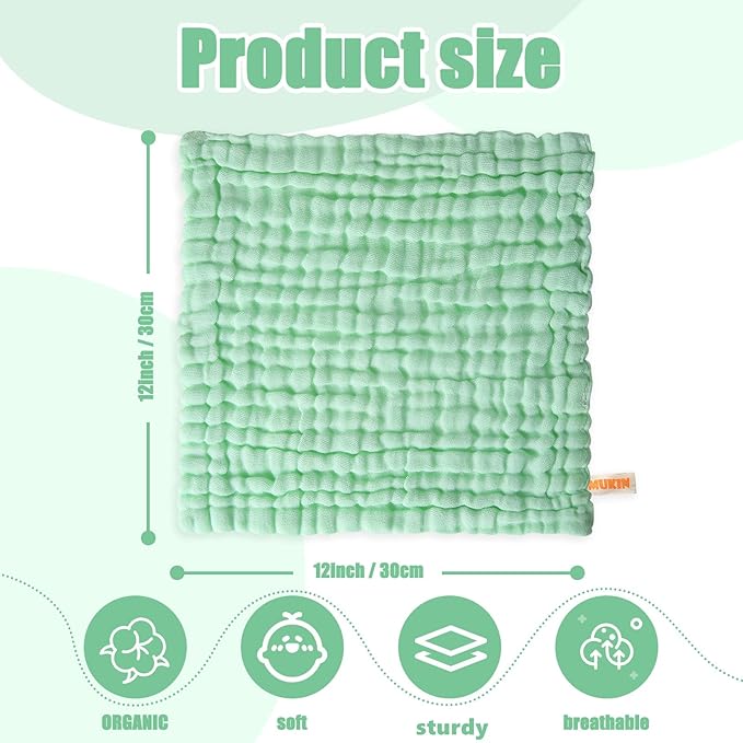 MUKIN Baby Washcloths - Soft Face Cloths for Newborn, Absorbent Bath Face Towels, Baby Wipes, Burp Cloths or Face Towels, Baby Registry as Shower. Pack of 6-12x12 inches (Green)
