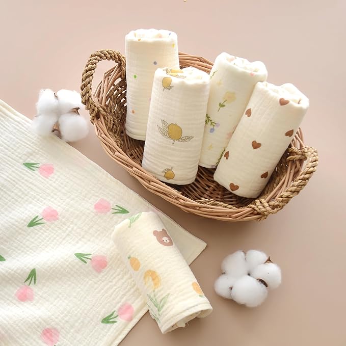 MUKIN Baby Muslin Washcloths and Burp Cloths, Floral Pattern Cotton Face Towels, Burping Cloths for Newborn,6-Pack,10x20 inches