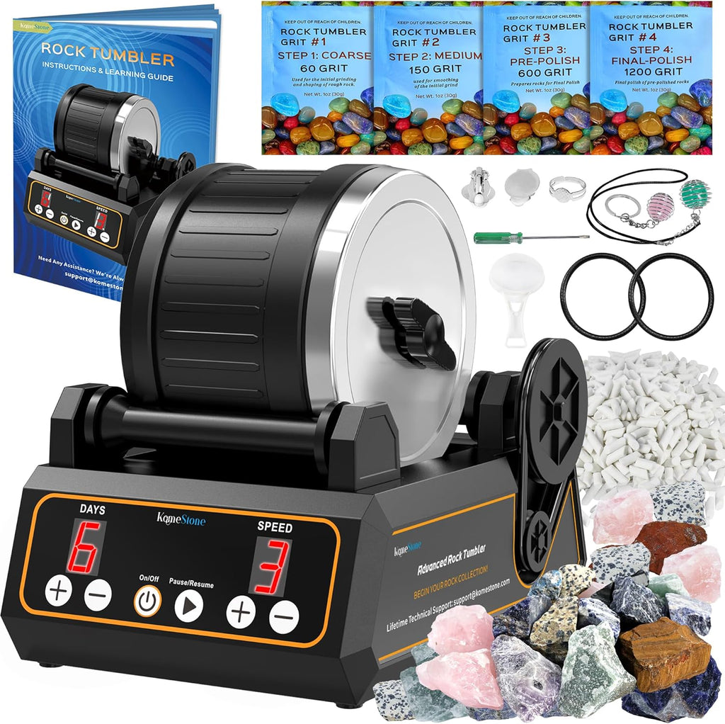 Rock Tumbler Kit, K1 Professional Large 2.5LB Capacity Edition - Memory Function, Digital Timer & Variable Speeds: Create Stunning Gems Full Accessories Included