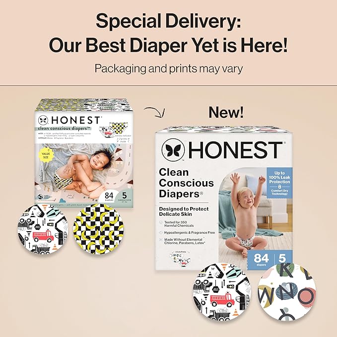 The Honest Company Clean Conscious Diapers for Delicate Skin | Up to 100% Leakproof | Hypoallergenic, Fragrance Free | Gender Neutral | Super Club Box, Size 5 (27+ lbs), 84 Count (Prints May Vary)