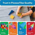 PicassoTiles 120pcs Mini Size Magnetic Tiles Magnet Toys Diamond Series Sensory Construction Building Blocks Set STEM Learning Travel Size Educational Toy for Kids Boys Girls Toddlers Age 3+ PTM120
