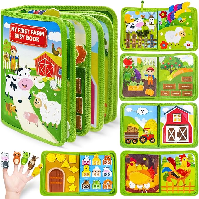 Busy Book for Toddlers 1-3, Montessori Toys for 1 2 Year Old Boy Girl Birthday Gifts, Busy Board Educational Learning Toys for 1+ Year Old, Toddler Airplane Travel Toy Farm Animals Activity Books