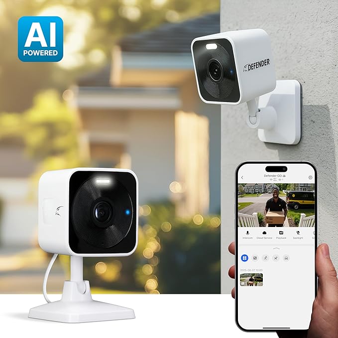 Defender GO 2K AI Powered WiFi Indoor/Outdoor Home, Business, Pet, Baby Security Camera, AI Detection, Dual Band, Spotlight/Siren, Color Night Vision, 2-Way Talk, Works with ClearVu App