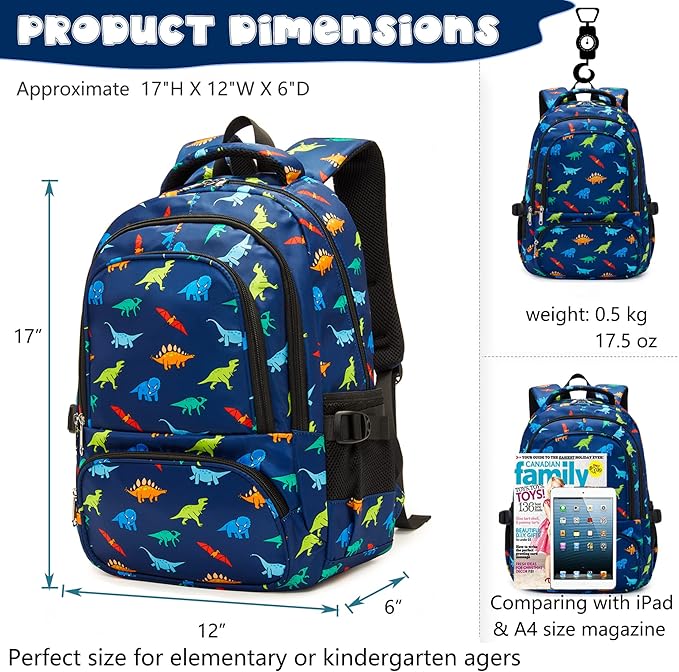 BLUEFAIRY Kids Backpack for Boys Elementary Primary Middle School Bags Back to School Bookbags Gifts Large Compartment with Tablet Sleeve Mochilas para niños 17" Dinosaur Navy Blue