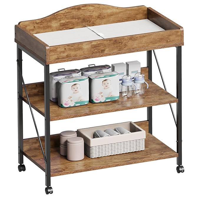 Baby Changing Table, Diaper Changing Station with Pad and Wheels, Two-Tier Open Storage Shelves, Waterproof Diaper pad & Safety Strap,Compact Baby Furniture for Nursery, Rustic Brown