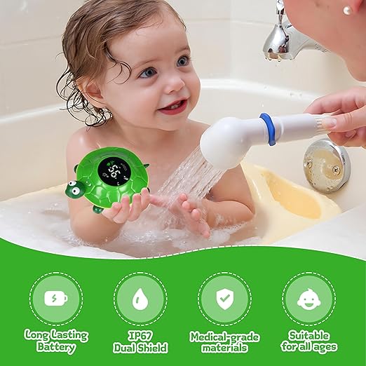 TKY Baby Bath Thermometer with LED Display-Rechargeable Water&Room Temperature Monitor, Floating Toy with Temp Alert, Waterproof for Newborns, Nurseries - Must Have Bath Essentials (Green Tortoise)