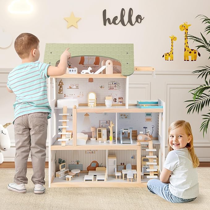 Costzon Wooden Dollhouse, Kids DIY Pretend Playhouse w/ 33 PCS Furniture Accessories, Modern Family Play House Toy w/Balcony, Pool for Girls & Boys Ages 3+ Years Old