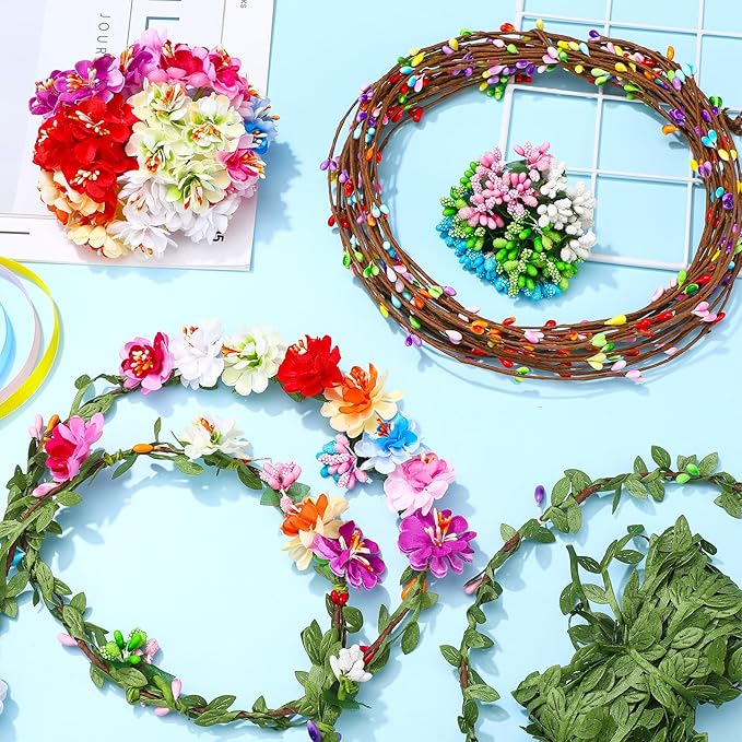 Syhood Mini Plum Blossom Crowns Making Kit, 120 Pcs Parts, Make Your Own Flower Wreath Headbands and Bracelets Craft Kit Hair Accessories Handmade DIY Floral Crown Garland Presents