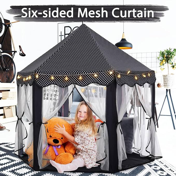 Monobeach Princess Tent Girls Black Large Playhouse Kids Castle Play Tent with Star Lights Gift Toy for Children Indoor and Outdoor Games
