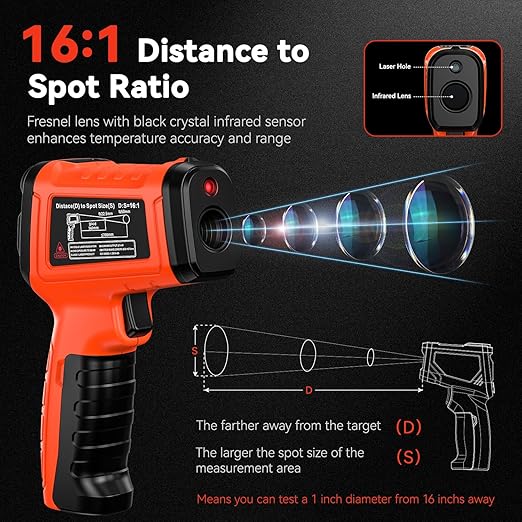 Infrared Thermometer Temperature Gun -58°F to 1796°, 16:1 Non Contact Laser Thermometer Gun with Thermocouple Probe for Humidity, Pizza Oven, Griddle, Ir Temp Gun for Home and Industry Repair