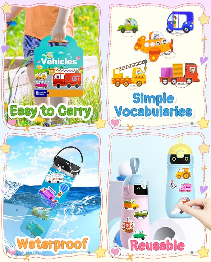 Benresive Reusable Sticker Books for Kids 2-4, Sticker Books for Toddlers 1-3 2-4, Toddler Travel Toys Activities Crafts Gifts - Vehicle