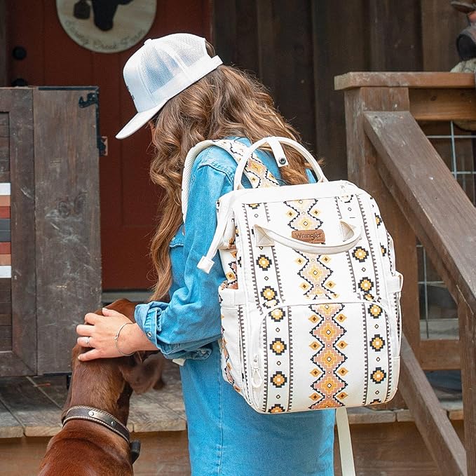Wrangler Diaper Bag Backpack Aztec Travel Backpack Purses Western Multi-Function Baby Bags for Mom with Waterproof Insulated Pockets