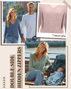 3 Pack Women's Maternity Nursing Tops, V Neck Breastfeeding Sweaters Long Sleeve Hidden Zipper Shirts