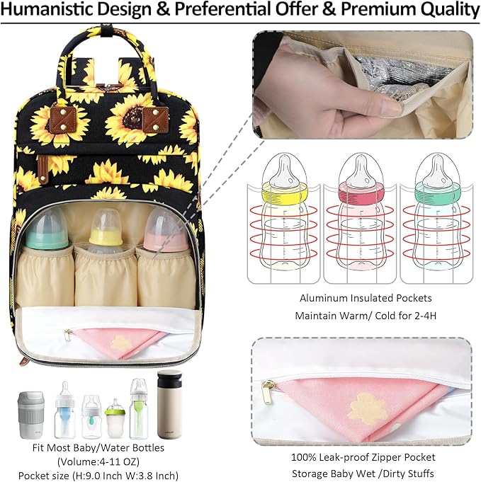 Diaper Backpack Tote Large Capacity, Baby Bag with Insulated Pockets Multifunctional Diaper Bags For Baby Girl Boy Women Waterproof Bags Mama Maternity Bag Sunflower