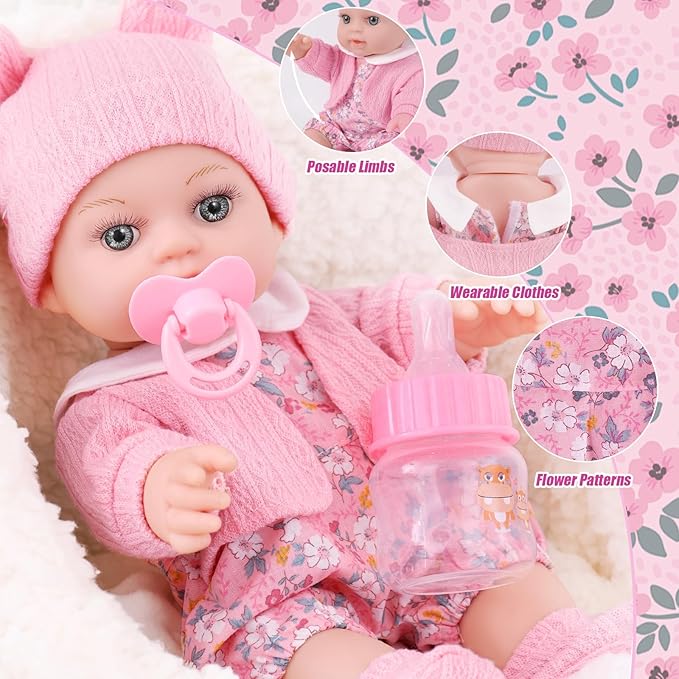 12" Baby Doll Set with Clothes and Baby Carrier for Dolls Reborn Baby Doll Accessories Include Feeding Bottles Nipple Toy Stuffs for Kids Age 3+