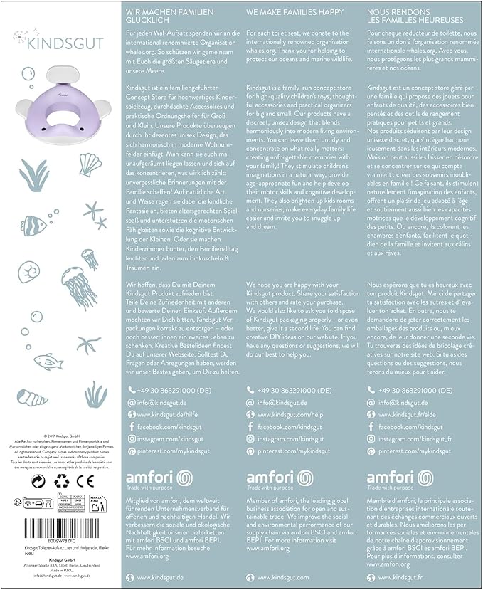 Kindsgut Potty Training Seat in whale design, designed in Germany, suitable for all toilet shapes non-slip toilet seat, Lilac