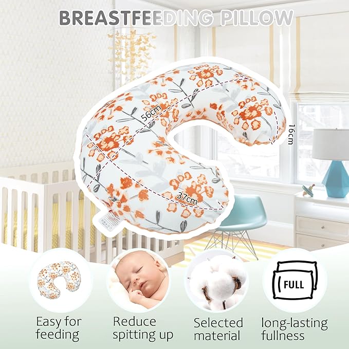 LAT Nursing Pillow for Breastfeeding with Removable Minky Cover,Ergonomic Breast Feeding Pillows for Mom and Baby,Machine Washable(Flowers+Orange)