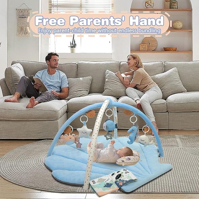 Baby Play Gym Mat, Oversize Tummy Time Activity Mat for Babies 0-6 Months, Shells Shaped Baby Play Mat with 6 Detachable Toys, Baby Mat for Floor Sensory Exploration Motor Skill Development (Blue)