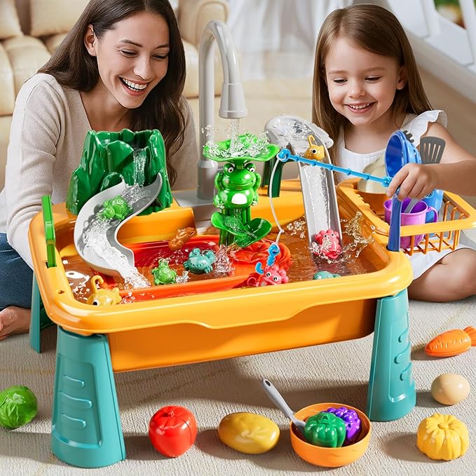 Kitchen Sink Toys Toddlers 3-5, Play Sink with with Electric Water Pump, Water Table for Kids Ages 4-8, Fishing Game Outdoor Toys Pretend Role Play Toys for Boys Girls 3 4 5 6 7 8