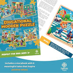 6 Educational Wooden Puzzles & Storybook, Teaches Kindness, Empathy & More – 6 in 1 Jigsaw Puzzle for Kids Ages 3-7 – Learn Real Values Through Stories – Montessori Puzzle Set 25 Pieces