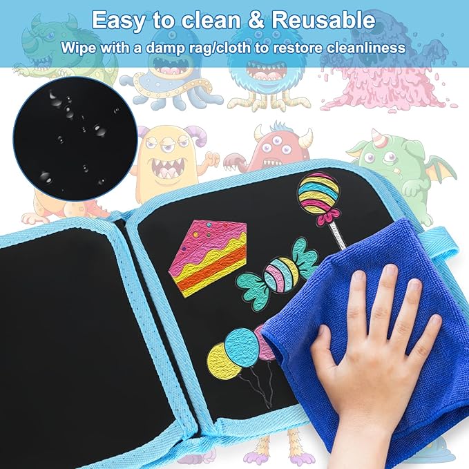 Erasable Doodle Set for Kids - Reusable Magic Drawing Book with 12 Watercolor Pens 14 Page Drawing, Road Trip Car Game Writing Painting Set for Boys and Girls (Monsters)