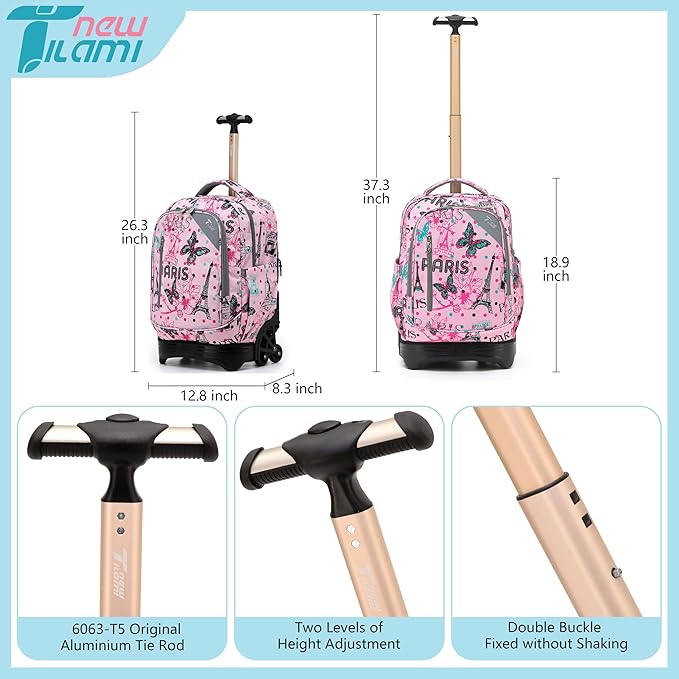 NEW TILAMI 18 inch Rolling Backpack for Kids, Waterproof, Adjustable Handle, Stair Climbing, Large Storage for School, Travel, Girls & Boys, Pink Paris