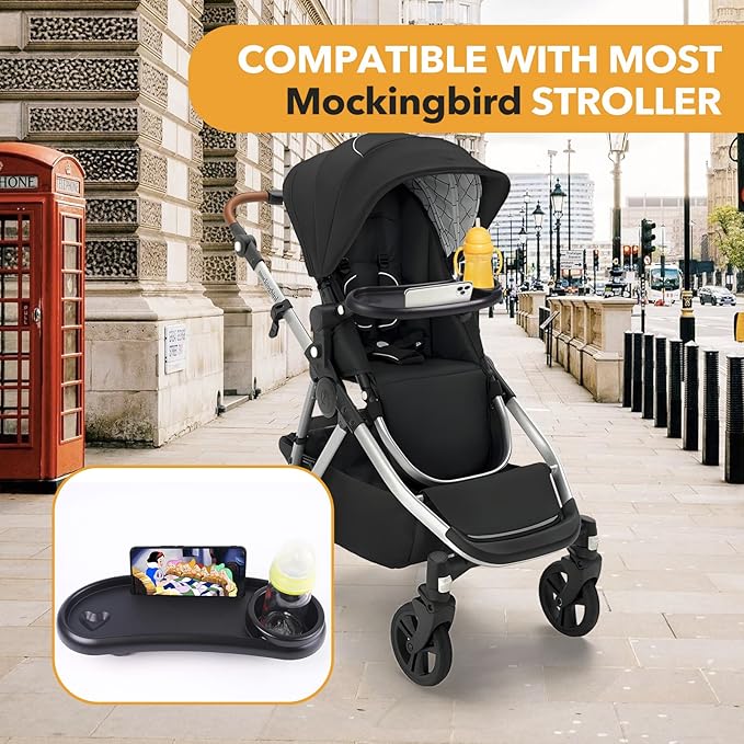 Snack Tray Compatible with Mockingbird,Nuna,Evenflo Stroller,Adjustable Stroller Snack Tray with Cup Holder and Phone Holder, Stroller Accessories Black