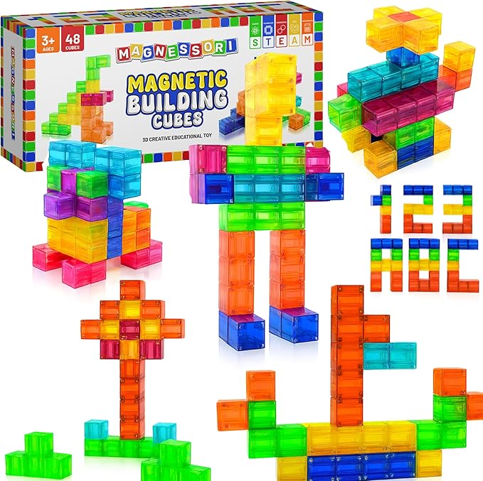 48PCS Magnetic Building Blocks – Montessori Inspired STEM Building Cubes for Kids – Educational Toys for Toddlers & Preschoolers Colorful Safe & Durable Magnet Cubes for Creative Learning