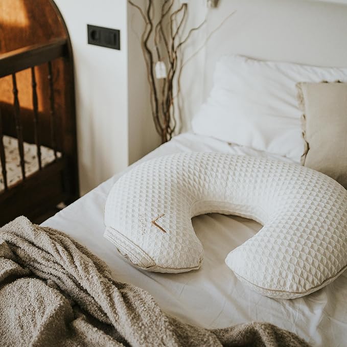 Organic Cover for Nursing Pillow • Premium Quality 100% Cotton Oeko-Tex Standard • Cover for Breastfeeding and Bottle Feeding Pillow • Soft and Breathable • Only Cover (Cream waffle)