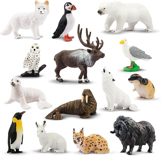 Toymany 14PCS Mini Arctic Animals Figurines Set, Polar Animals Toys with Polar Bear, Caribou, Penguin, Walrus, Wolf Figurines Cake Toppers Birthday Easter Gifts for Preschool Kids