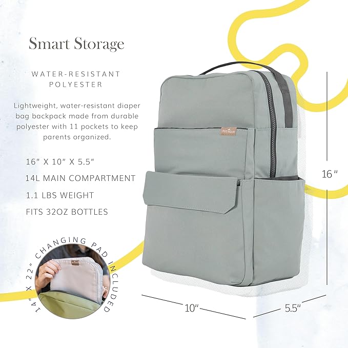 RED ROVR Roo Lightweight 1 LB Diaper Bag Backpack | 11 organizational pockets| Durable & Water-Resistant (Sage)