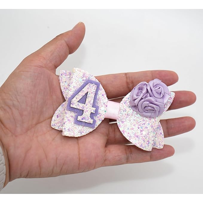 Birthday Hair Bow for Baby Girls 1 2 3 4 5 6 Years Sprinkle Decorations Party Hair Accessories for Four 4th Birthday Purple Rose