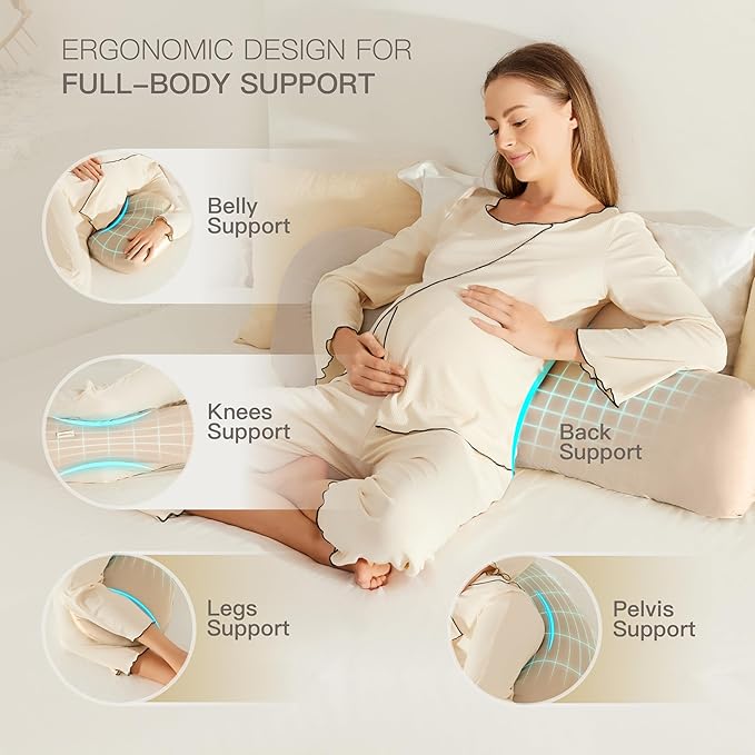 Pregnancy Pillow for Sleeping, Washable 100% Tencel Lyocell Cover, Adjustable H-Shaped Full Body Pillow for Side Sleepers, Silky Breathable, Cooling Maternity Pillow, Pregnancy Must Haves, Beige Grey