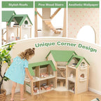 Costzon Wooden Dollhouse for Kids, 3-Story Luxury Doll House with 36 Pieces Furniture Accessories, 7 Rooms, Stairs & Balcony, DIY Pretend Dollhouse Playset, Gift for Girls Toddlers Ages 3+ (Green)