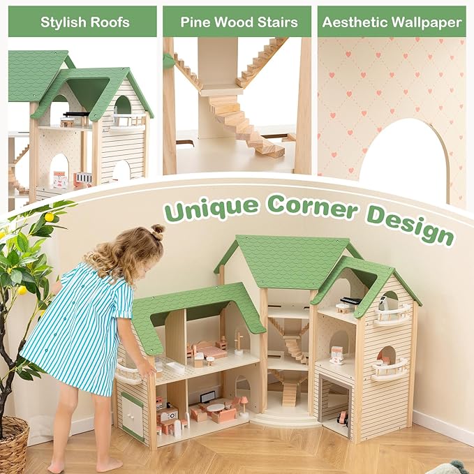 Costzon Wooden Dollhouse for Kids, 3-Story Luxury Doll House with 36 Pieces Furniture Accessories, 7 Rooms, Stairs & Balcony, DIY Pretend Dollhouse Playset, Gift for Girls Toddlers Ages 3+ (Green)
