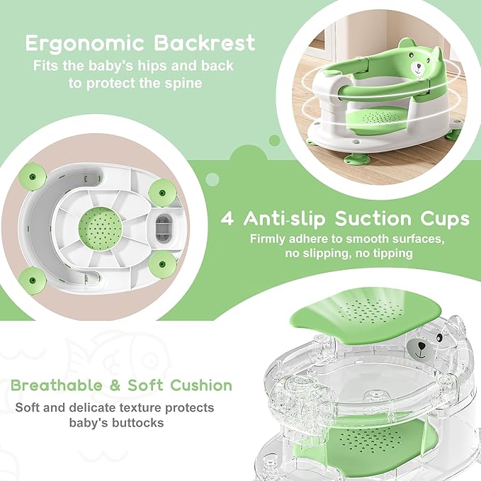 Baby Bath Seat for Babies 6 Months & Up, Toddler Bath Seats for Babies Sitting Up, Non-Slip Infant Bath Tub Chair with Suction Cups & Soft Cushion for Shower, Compact Toddler Bathtub Seat, Green