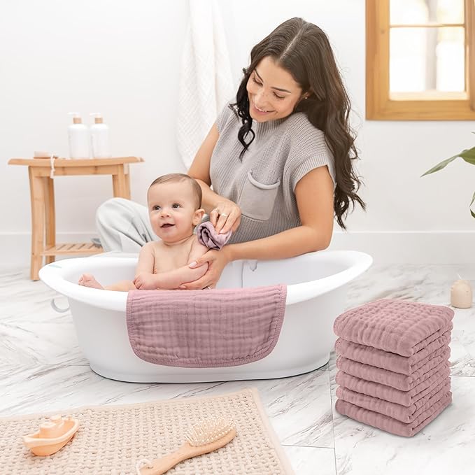 Comfy Cubs Muslin Baby Washcloths 6 Pack - Soft 6-Layer Cotton Wash Cloths for Sensitive Skin - 10"x10" Large, Gentle, Absorbent Infant Essentials for Newborn and Toddlers - Mauve