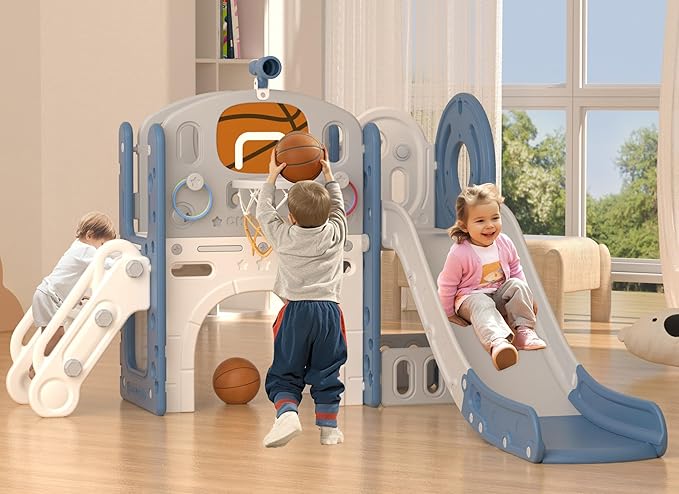 YUFU 9 in 1 Toddler Slide Set, Kids Slide for Toddlers Age 1-3, Toddler Playset with Basketball Hoop and Ball, Outdoor Indoor Playground for Toddlers 1-3 (Blue+Gray)