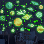Watercolor Solar System Wall Decals, Glow in The Dark Stars, Kids Planets Sticker for Ceiling, Astronaut Wall Stickers for Bedroom（Green）