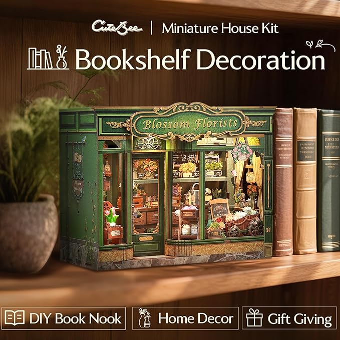 CUTEBEE Book Nook Kit - DIY Miniature House Dollhouse Kit for Adults and Teens, Booknook Tiny House Bookshelf Decor 3D Wooden Puzzle, Gifts for Family, Friends (Blossom Florists)