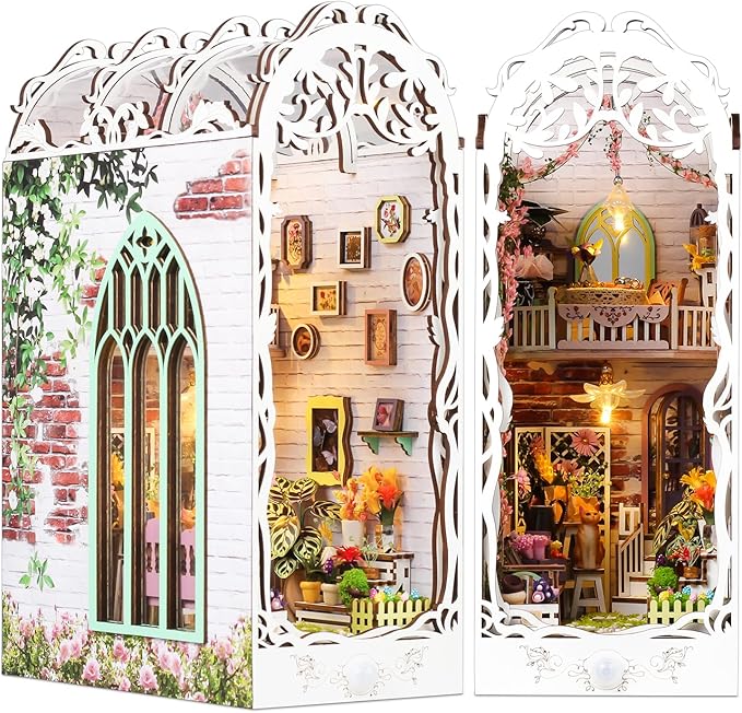 TuKIIE DIY Book Nook Miniature Kit, Booknook Dollhouse Bookshelf Insert with Sensor Light & Dust Proof, Wooden Decorative Bookend Stand Model Kits for Kids Teens Adults(Flower House)