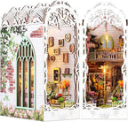 TuKIIE DIY Book Nook Miniature Kit, Booknook Dollhouse Bookshelf Insert with Sensor Light & Dust Proof, Wooden Decorative Bookend Stand Model Kits for Kids Teens Adults(Flower House)