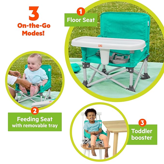 Bright Starts Pop 'N Sit Portable Booster, Indoor/Outdoor Use, Floor Seat with Feeding Tray, Teal, 6 Mos - 3 Yrs